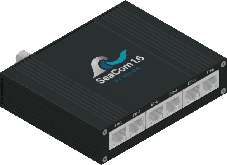 SeaCom 1.6 product rendering showing its aluminum housing and six RJ45 Ethernet ports