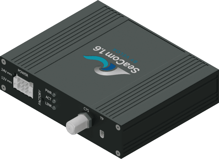 SeaCom 1.6 product rendering showing power inputs, status indicators, coaxial connector and twisted-pair connection