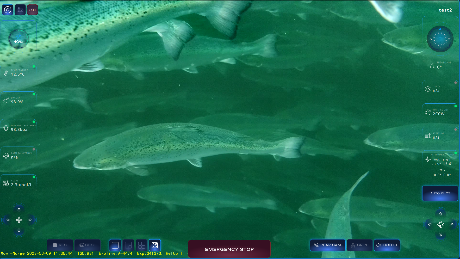 Camera control interface showing underwater salmon video with sensor readings and camera controls