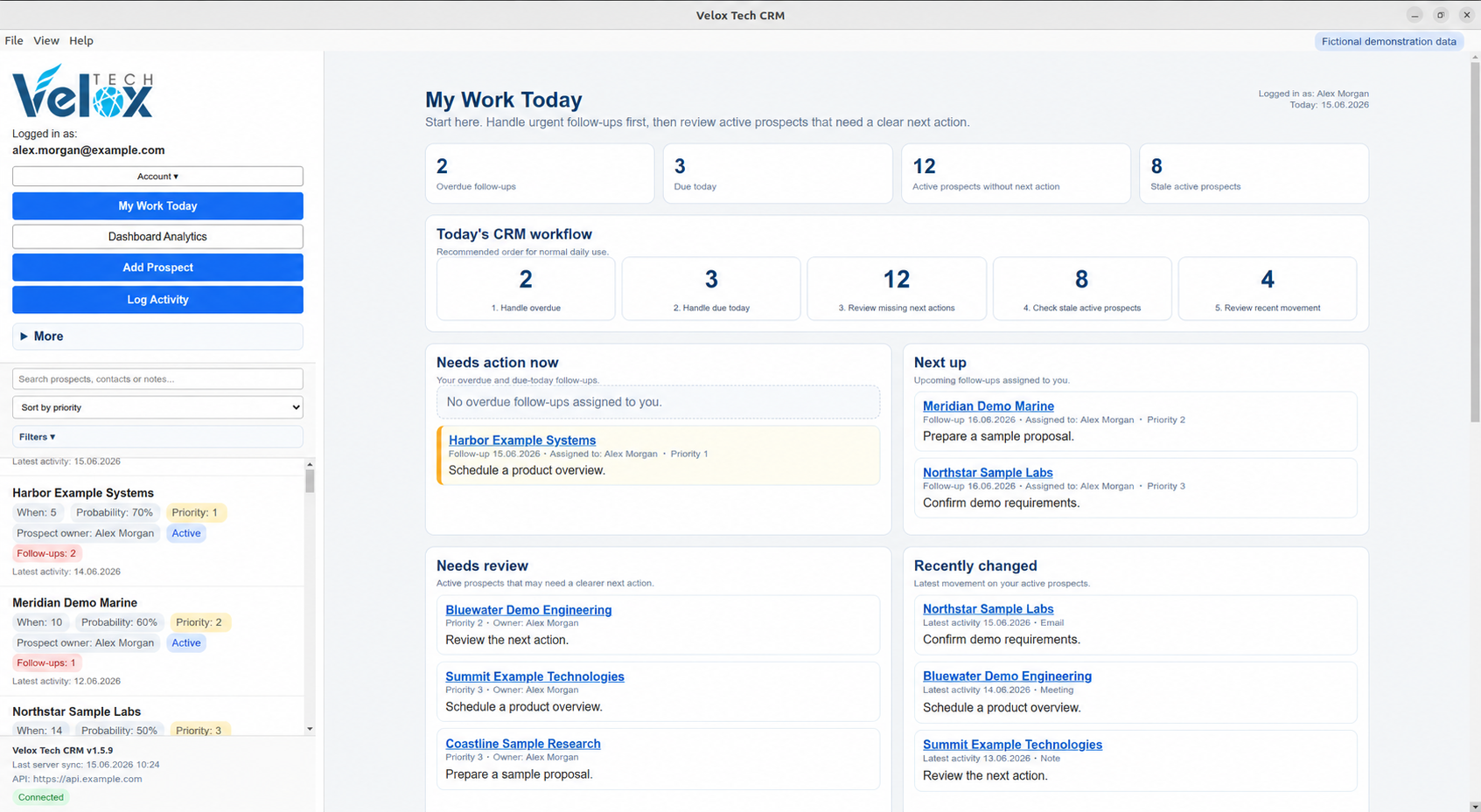 CRM My Work Today screen with follow-up counts, daily workflow and prospect action lists