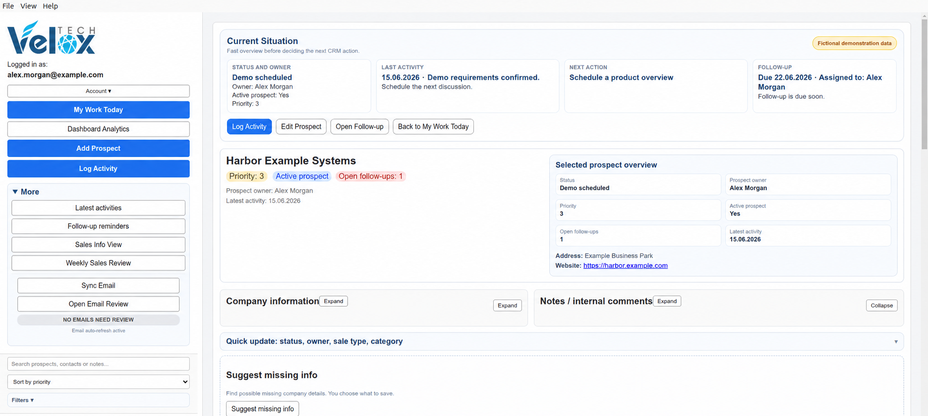Prospect detail screen with current situation, owner, last activity and follow-up information