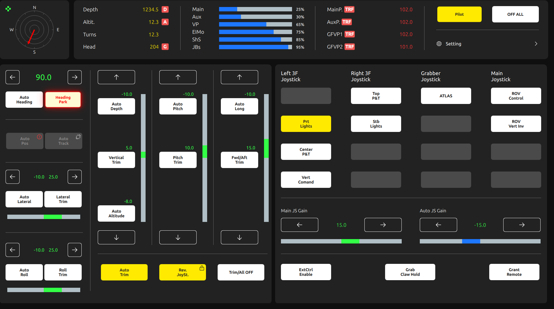 Dark ROV touchscreen interface with vehicle status, thruster indicators, joystick assignments and control buttons
